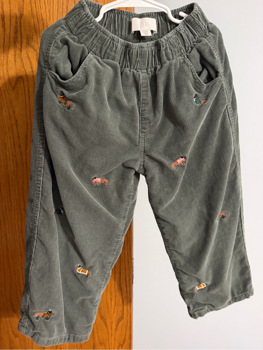 Zara Kids Corduroy Dog Embroidered Pants - Sage Green